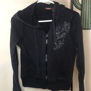 DKNY- Size S. Black Distressed Zip-Up Hoodie! Silver/Black Embellished design